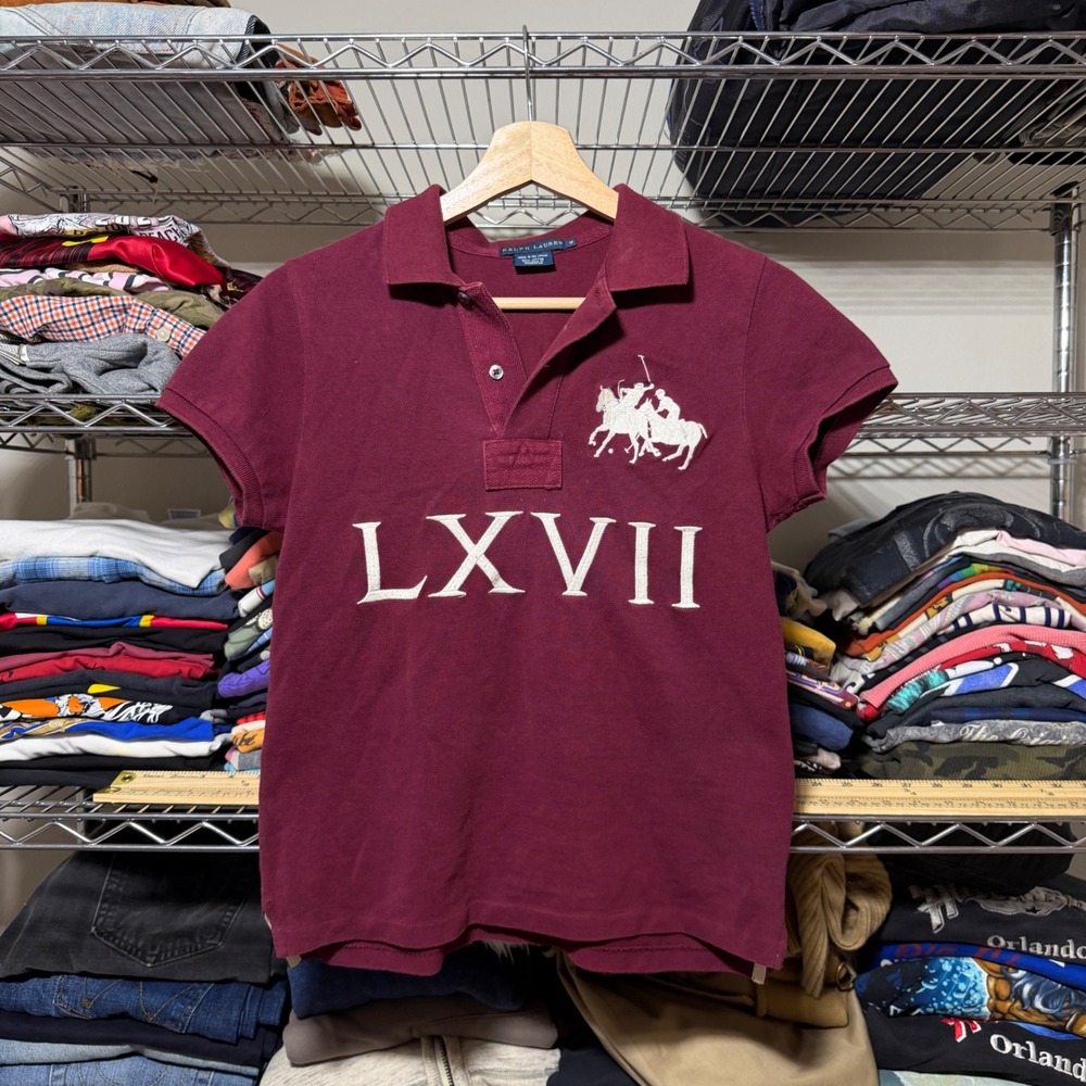 Ralph Lauren Polo Shirt Womens M Burgundy LXVII Big Pony Short Sleeve Cotton